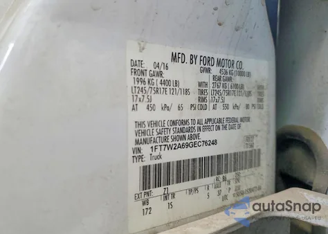 2016 Ford F250 Super Duty from USA, damaged, VIN 1FT7W2A69GEC76248